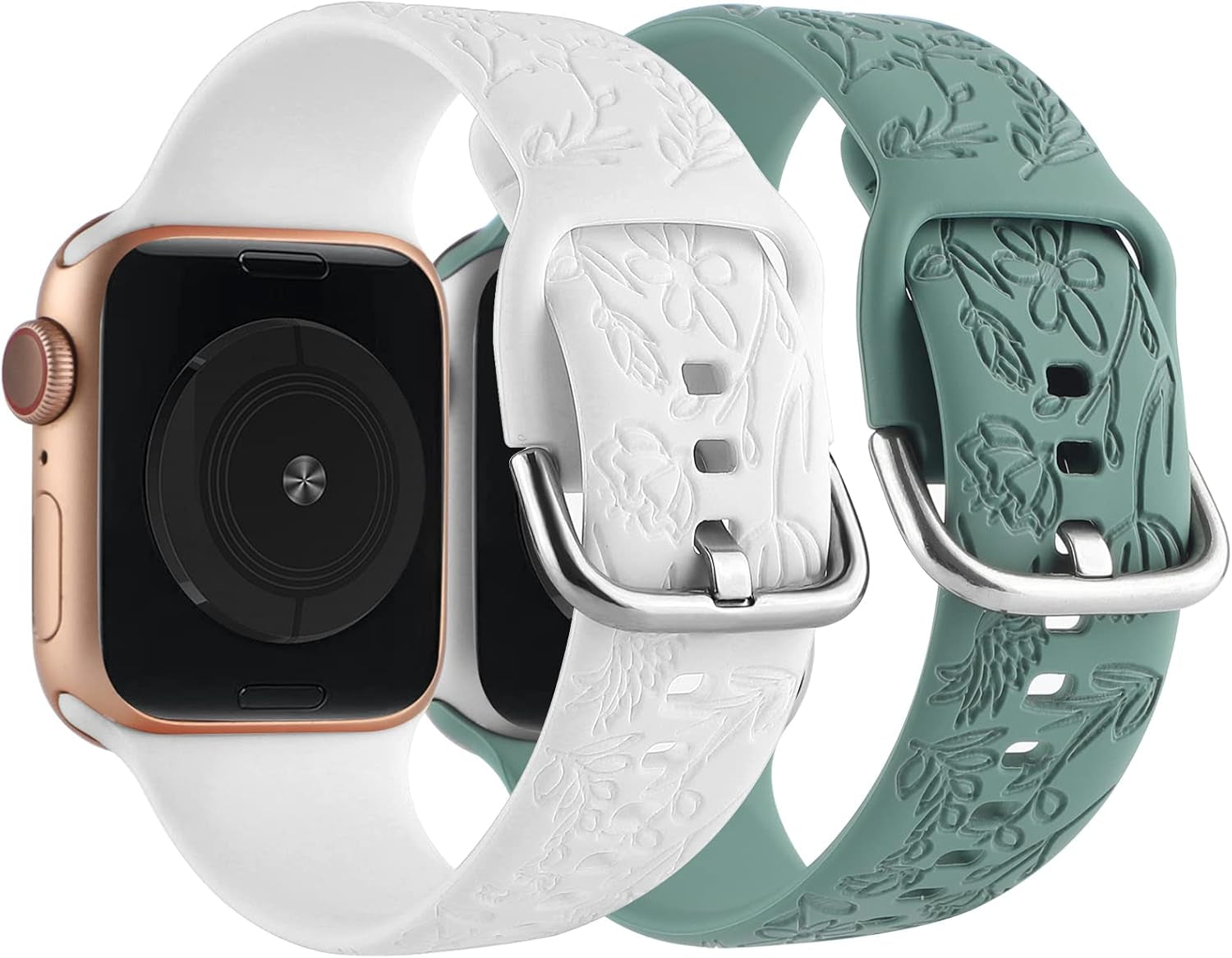 2 Pack Flower Engraved Sport Strap Compatible with Apple Watch Bands 38Mm 40Mm 41Mm, Women Floral Laser Soft Silicone Wristband Replacement Iwatch Series 10 9 8 7 6 5 4 3 2 1 SE